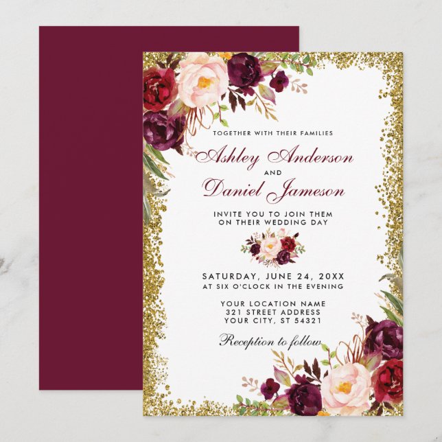 Burgundy Floral Gold Glitzer Hochzeitseinladung GB Einladung (Vorne/Hinten)
