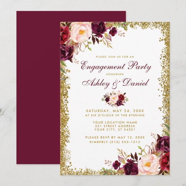 Burgundy Floral Gold Glitzer Verlobung laden Einladung (Vorne/Hinten)