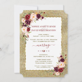 Burgundy Floral Gold Glitzer Wedding Abend Einladung