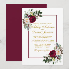 Burgundy Floral Gold Grüne Gerahmte Hochzeit Einladung