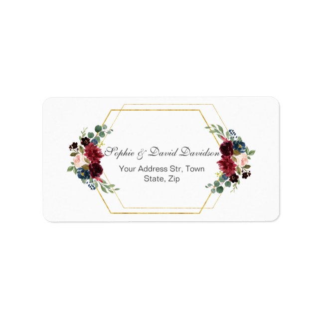 Burgundy Floral Gold Hexagon Rahmen Wedding Adressaufkleber (Vorne)