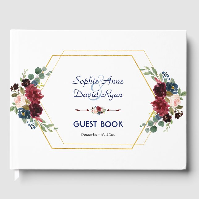 Burgundy Floral Gold Hexagon Rahmen Wedding Gästebuch (Vorderseite)
