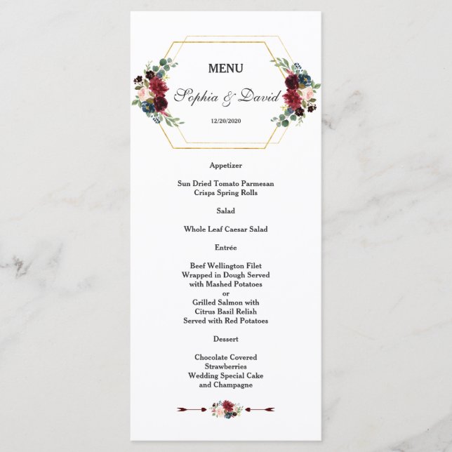 Burgundy Floral Gold Hexagon Rahmen Wedding Menü Menükarte (Vorderseite)