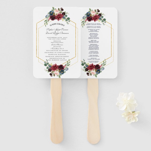 Burgundy Floral Gold Hexagon Rahmen Wedding Progra Fächer (Vorne und Hinten)