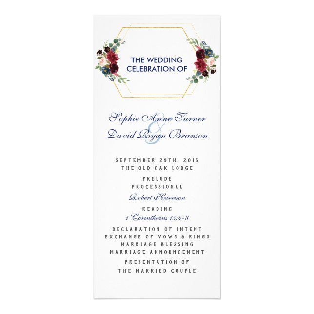 Burgundy Floral Gold Hexagon Rahmen Wedding Progra Werbekarte (Vorne)
