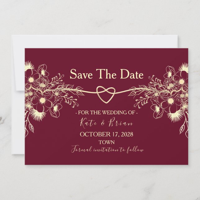 Burgundy Floral Gold Hochzeit speichern das Datum Save The Date (Vorderseite)