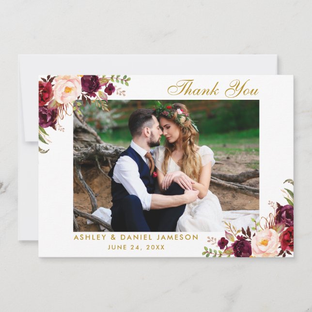 Burgundy Floral Gold Hochzeit Vielen Dank Dankeskarte (Vorderseite)
