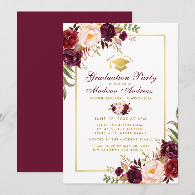 Burgundy Floral Gold Invitation du groupe de gradu (Devant / Derrière)