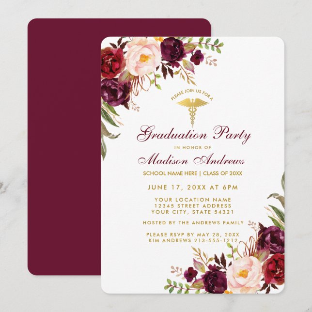 Burgundy Floral Gold Medical Grad Party einladen Einladung (Vorne/Hinten)