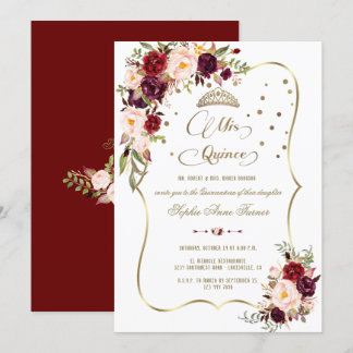 Burgundy Floral Gold Mis Quince Script Quinceañera Einladung