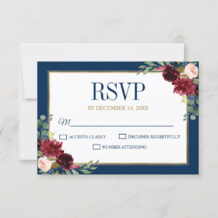 Burgundy Floral Gold Navy Blauer Rustikaler Hochze RSVP Karte