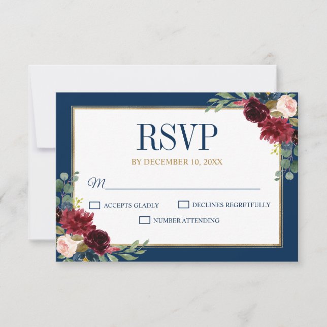 Burgundy Floral Gold Navy Blauer Rustikaler Hochze RSVP Karte (Vorderseite)