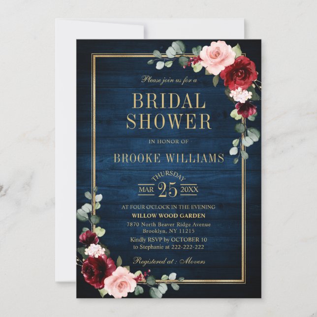 Burgundy Floral Gold Navy Blue Brautparty Invit Einladung (Vorderseite)