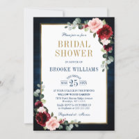 Burgundy Floral Gold Navy Blue Brautparty Invit