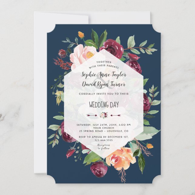 Burgundy Floral Gold Navy Blue Geometric Wedding Einladung (Vorderseite)