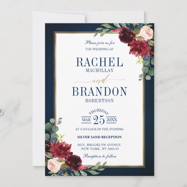 Burgundy Floral Gold Navy Blue Rustic Wedding Invi Einladung (Vorderseite)