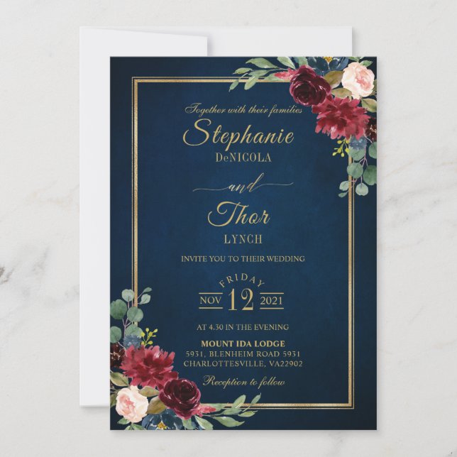 Burgundy Floral Gold Navy Blue Rustic Wedding Invi Einladung (Vorderseite)