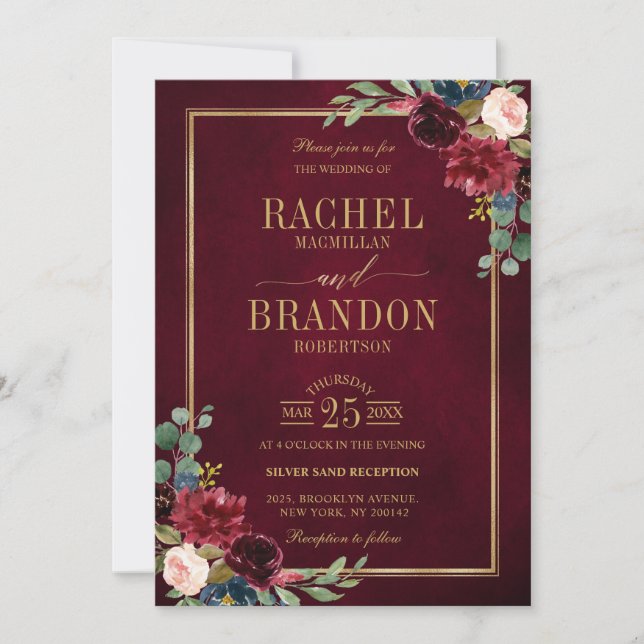 Burgundy Floral Gold Navy Blue Rustic Wedding Invi Einladung (Vorderseite)