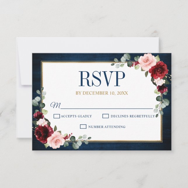 Burgundy Floral Gold Navy Blue Rustic Wedding RSVP (Vorderseite)