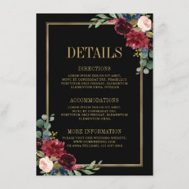 Burgundy Floral Gold Navy Blue Wedding Details ENC Begleitkarte
