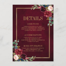 Burgundy Floral Gold Navy Blue Wedding Details ENC Begleitkarte