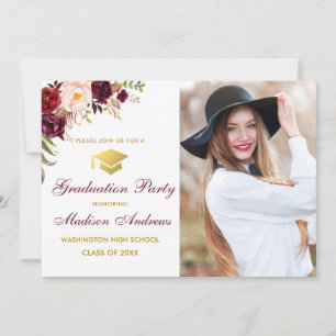 Burgundy Floral Gold Photo Invitation de la fête d