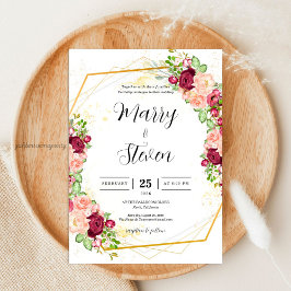 Burgundy Floral Gold Polygonal Geometric Wedding Einladung
