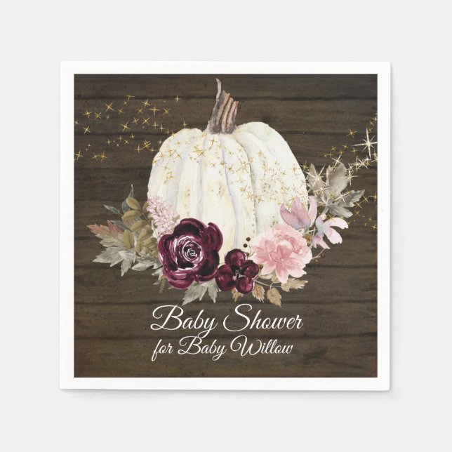 Burgundy Floral Gold Pumpkin Baby Dusche Rustikal Serviette (Vorderseite)