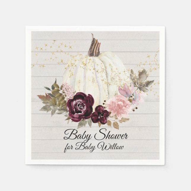 Burgundy Floral Gold Pumpkin Baby Dusche Wood Serviette (Vorderseite)