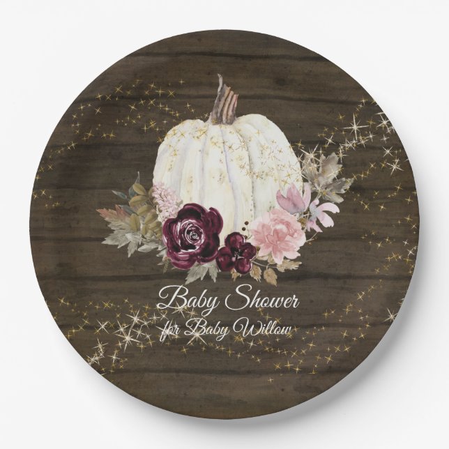 Burgundy Floral Gold Pumpkin Rustic Baby Dusche Pappteller (Vorderseite)