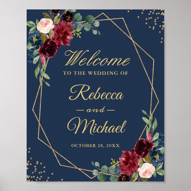 Burgundy Floral Gold Rahmen Navy Blue Wedding Sign Poster (Vorne)