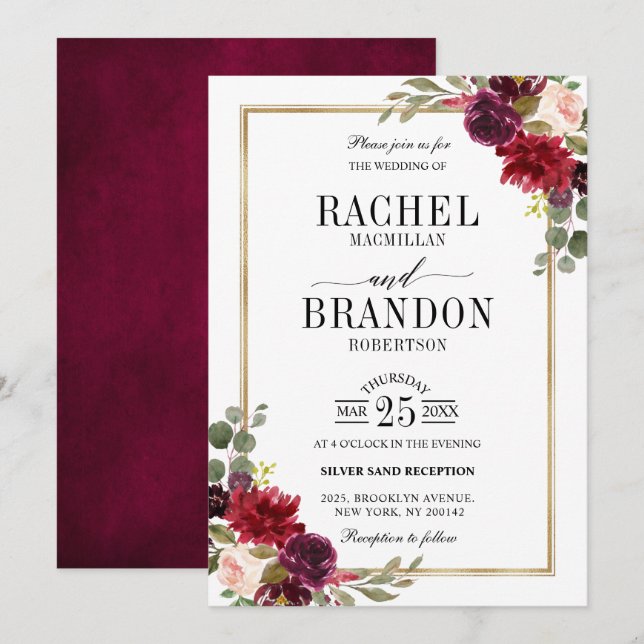 Burgundy Floral Gold Rustikale Hochzeit Einladung (Vorne/Hinten)