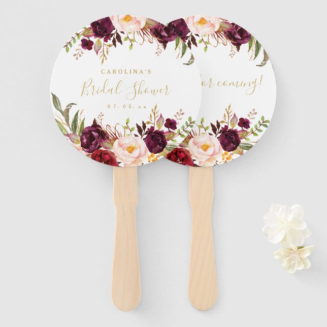 Burgundy Floral Gold Script Brautparty Fächer (Vorne und Hinten)