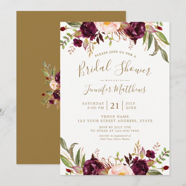 Burgundy Floral Gold Script Rustikales Brautparty Einladung (Vorne/Hinten)