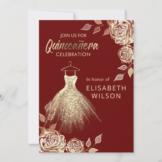 Burgundy Floral Gold Sequenzen kleiden Quinceañera Einladung (Vorderseite)