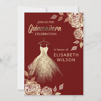 Burgundy Floral Gold Sequenzen kleiden Quinceañera Einladung