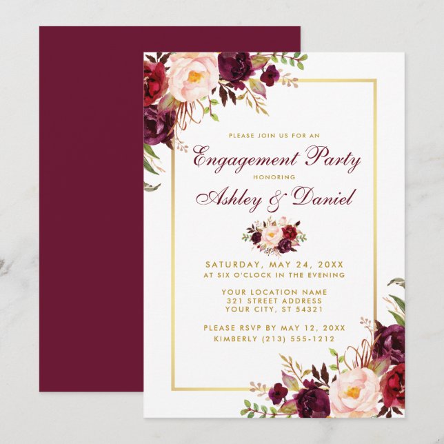 Burgundy Floral Gold Wedding Verlobung Einladung B (Vorne/Hinten)