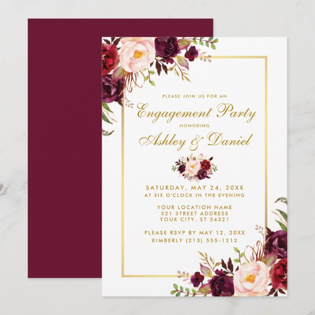 Burgundy Floral Gold Wedding Verlobung Einladung G (Vorne/Hinten)