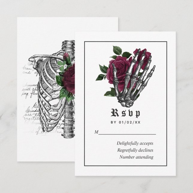 Burgundy Floral Gothic Skeleton Wedding RSVP Karte (Vorne/Hinten)