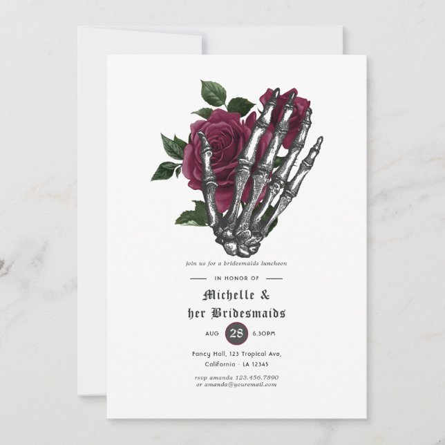 Burgundy Floral Gothic Skulls Bridesmaids Luncheon Einladung (Vorderseite)