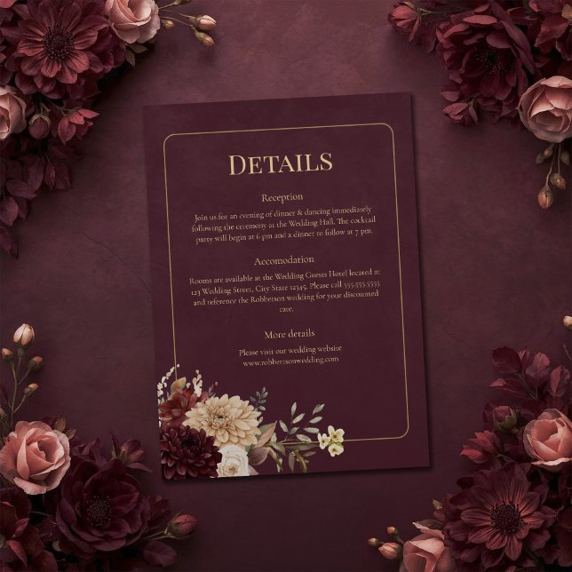 Burgundy Floral Gothic Wedding Details Card Einladung (Burgundy Floral Gothic Wedding Details Card on a burgundy witchy wedding table with flowers)