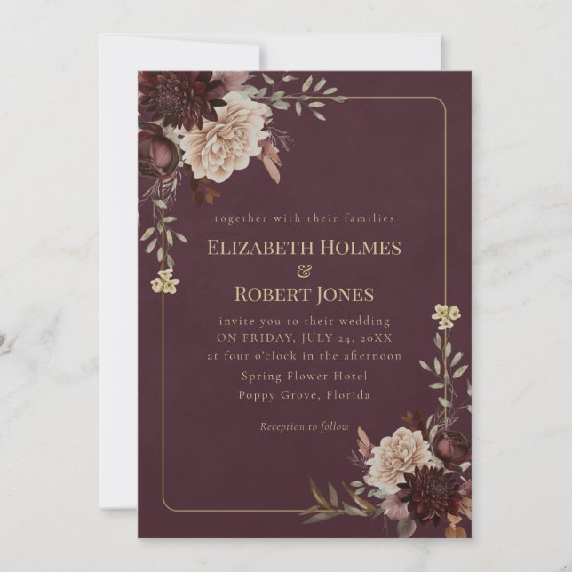 Burgundy Floral Gothic Wedding Invitation Einladung (Vorderseite)