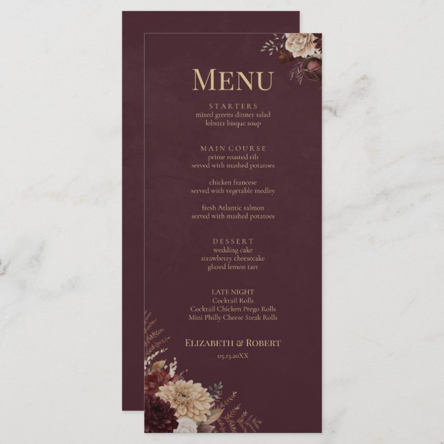 Burgundy Floral Gothic Wedding Menu (Devant / Derrière)