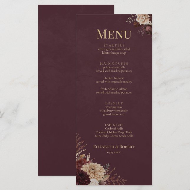 Burgundy Floral Gothic Wedding Menu Menükarte (Vorne/Hinten)