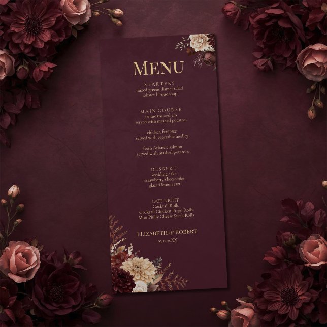Burgundy Floral Gothic Wedding Menu Menükarte (Burgundy Floral Gothic Wedding Menu on a burgundy victorian wedding table with dark flowers)