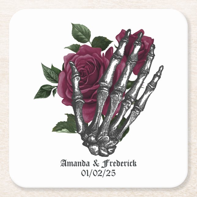 Burgundy Floral Gothic Wedding Rechteckiger Pappuntersetzer (Vorderseite)