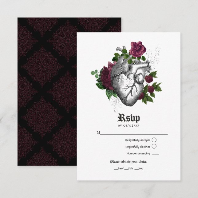 Burgundy Floral Gothic Wedding RSVP Karte (Vorne/Hinten)
