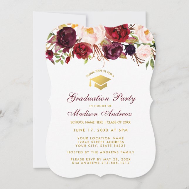 Burgundy Floral Graduation Party Gold Einladung B (Vorderseite)