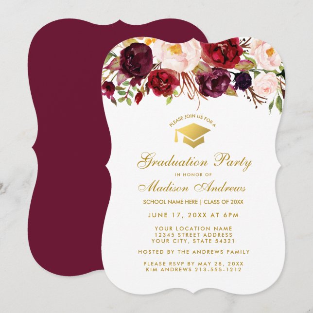 Burgundy Floral Graduation Party Gold Invitation B (Devant / Derrière)