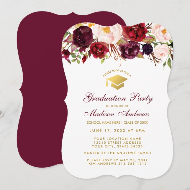 Burgundy Floral Graduation Party Invitation or BR (Devant / Derrière)